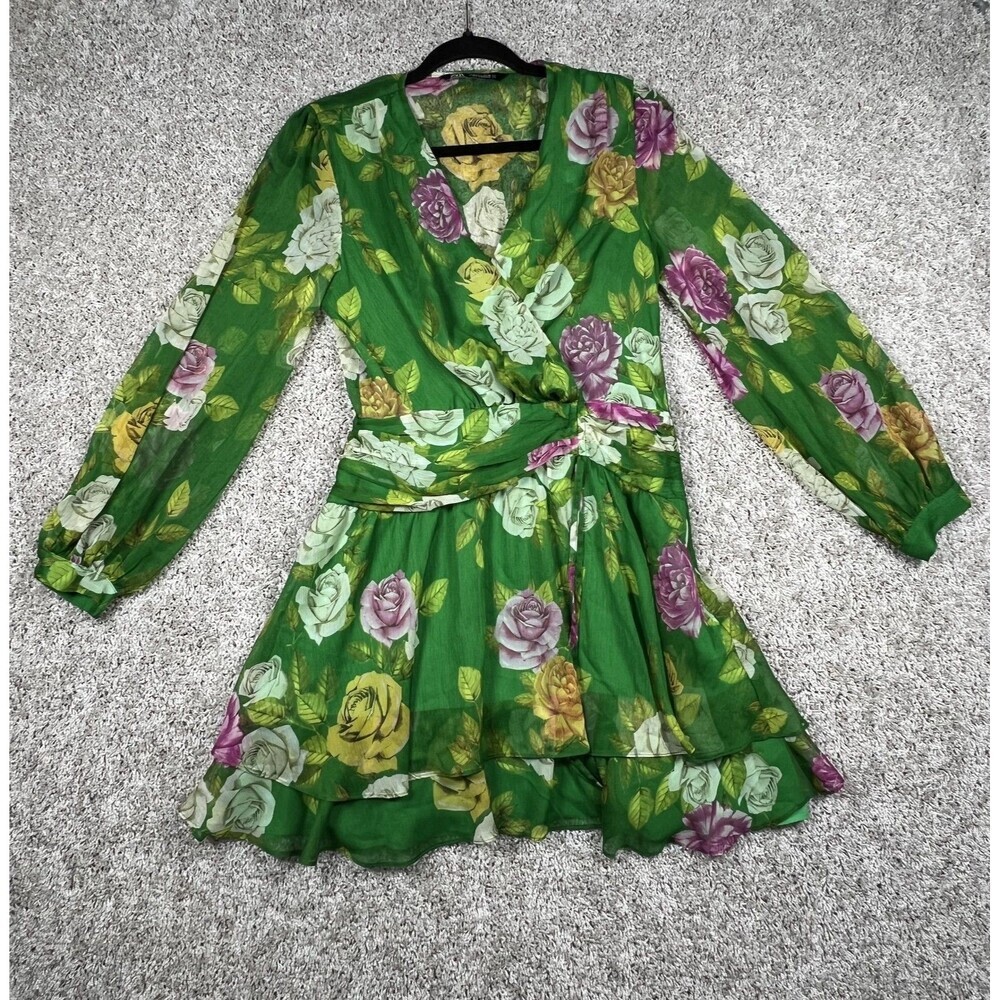 ZARA WOMANS SS22 GREEN ROSE PRINT MINI RUFFLED DRESS SIZE S